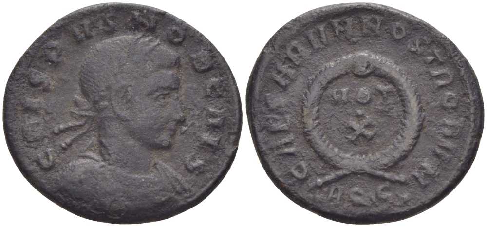 Римская Империя нуммий 321 Крисп в ранге цезаря, CRISPVS NOB CAES / CAESARVM NOSTRORVM VOT X, Аквилея, (степень редкости S) RIC 97 биллон 1073-17-107