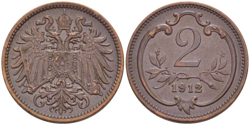 АВСТРИЯ 2 ГЕЛЛЕРА 1912 ФРАНЦ ИОСИФ (1846-1918) KM 2801 бронза 201-338