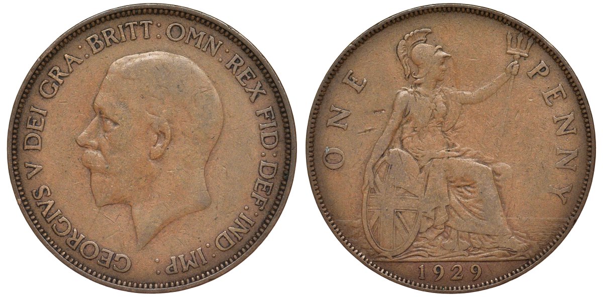 Великобритания 1 пенни 1929 Георг V (1910-1936) KM 838, Spink 4055 бронза 4123-1026