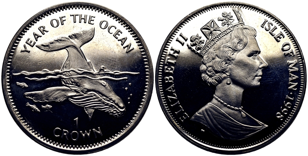 Остров Мэн 1 крона 1998 год океанов, горбатый кит КМ 897 медно-никель UNC M91-14