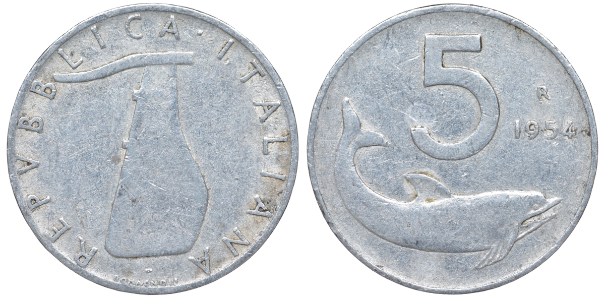 Италия 5 лир 1954 R, плуг, дельфин KM 92 алюминий 4596-425