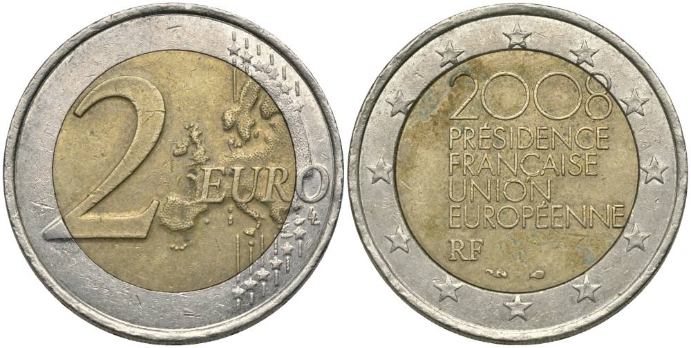 Франция 2 евро 2008 председательство в ЕС KM 1459 биметалл 67-241