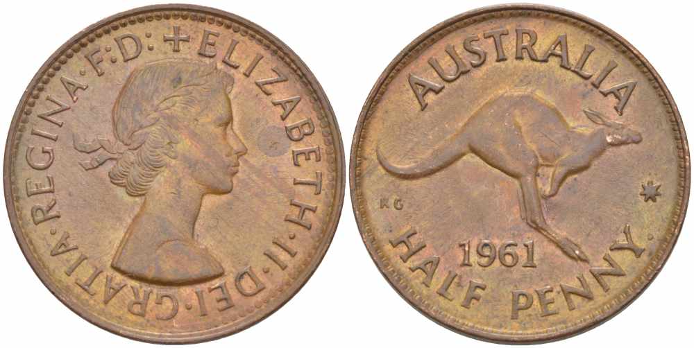 Австралия 1/2 пенни 1961 p, Елизавета II (1952-2022), кенгуру KM 61 бронза 60-1324