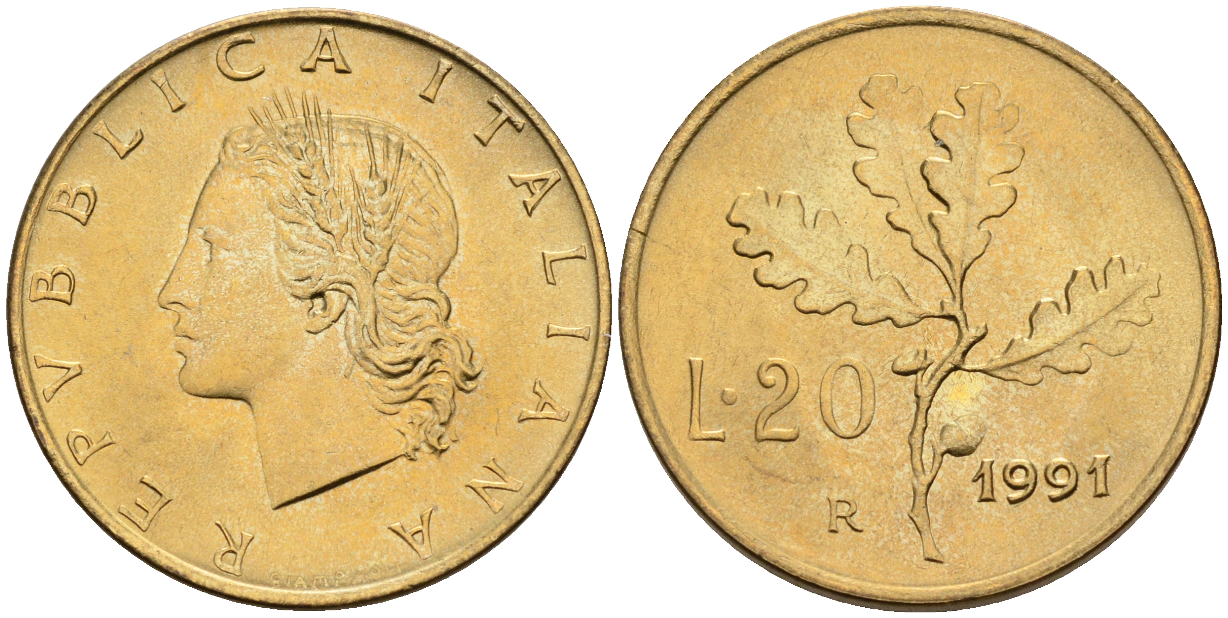 Италия 20 лир 1991 R, дубовый лист KM 97.2 алюминиевая бронза  UNC  4594-836