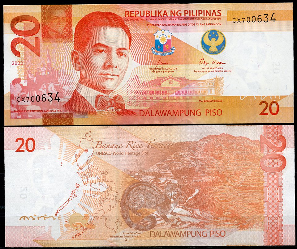 Филиппины 20 писо 2022 Мануэль Кесон, пальмовая цивета, рисовые террасы Pick 230 бумага  UNC (пресс) 448-23-2