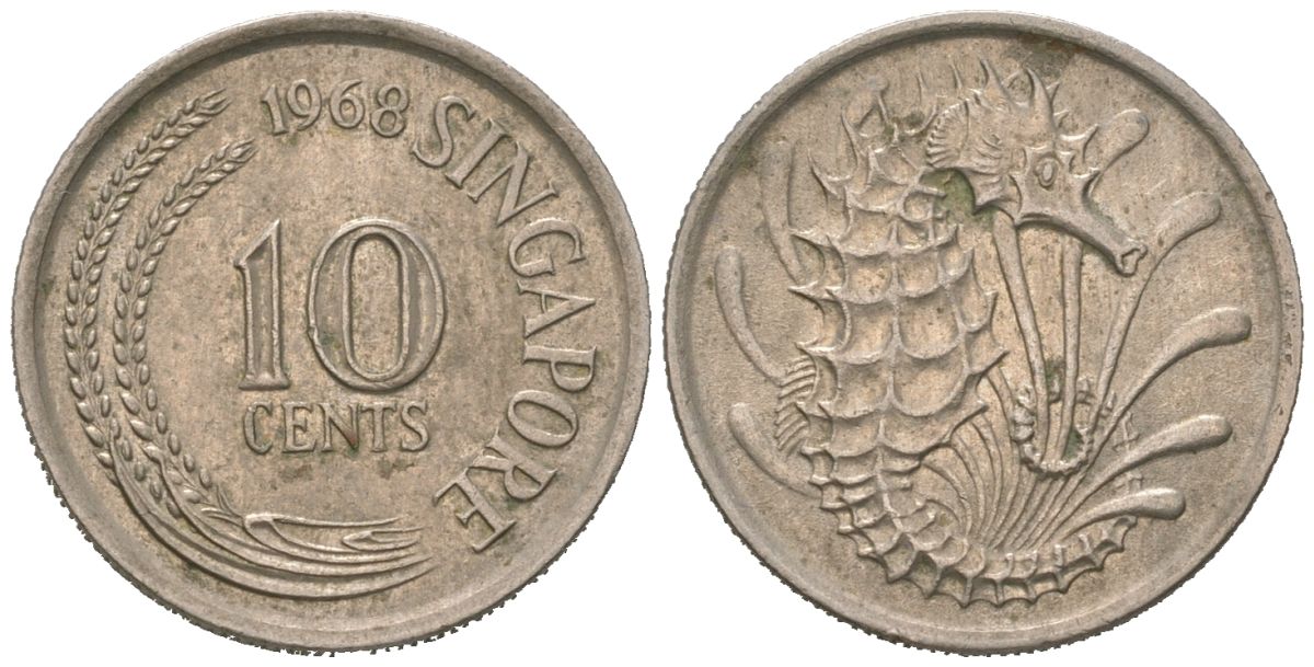 Сингапур 10 центов 1968 KM 3 медно-никель 192-252
