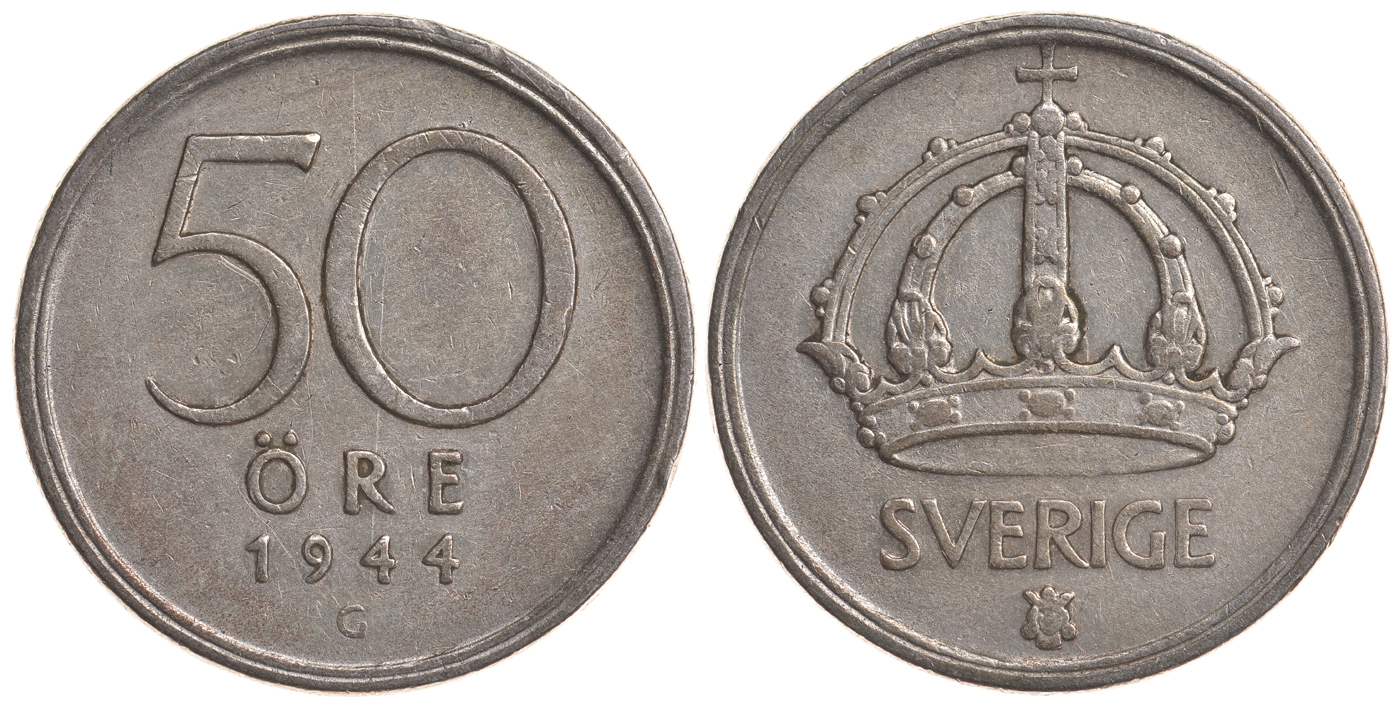 Швеция 50 эре 1944 G, Густав V (1907-1950) KM 817 серебро 4179-953