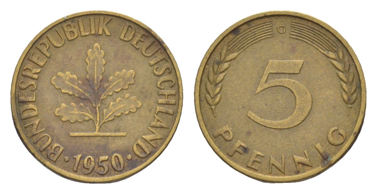 ФРГ 5 пфеннигов 1950 G KM 107, J. 382 сталь плакированная латунью 4630-1244