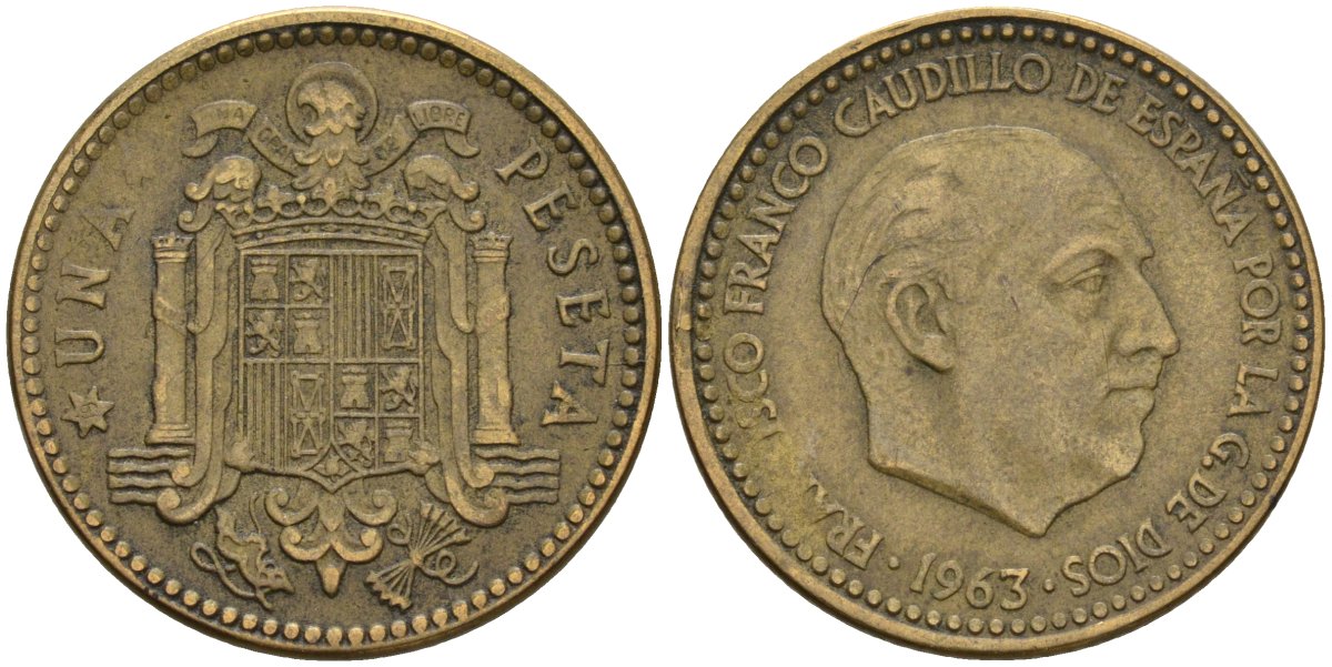 Испания 1 песета 1963 (?) Франсиско Франко (1939-1975) KM 775 алюминиевая бронза 3336-821