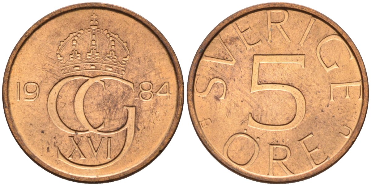 Швеция 5 эре 1984 Карл XVI Густав (1973- ) KM 849 бронза UNC 4585-343