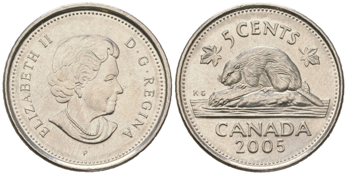 Канада 5 центов 2005 P, Елизавета II (1952-2022), бобер KM 491 сталь плакированный никелем UNC 4381-544