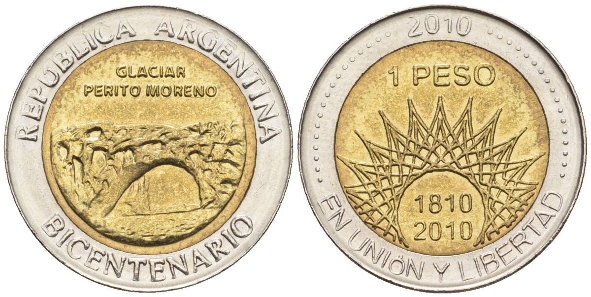Аргентина 1 песо 2010 200 лет Аргентине - ледник Перито-Морено KM 160, CJ 6.18, Schon 169 биметалл    60-834