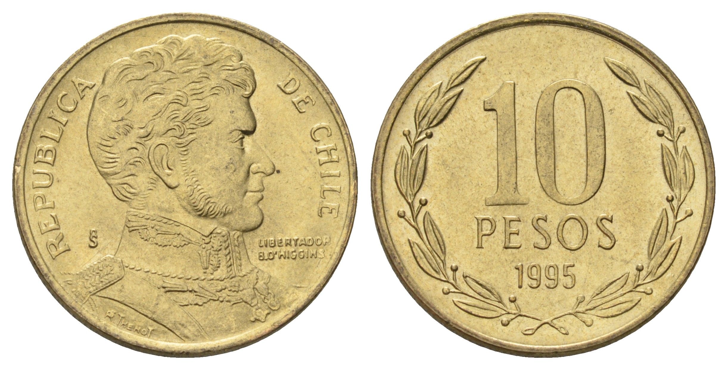 Чили 10 песо 1995 KM 228 никель латунь UNC 4689-253