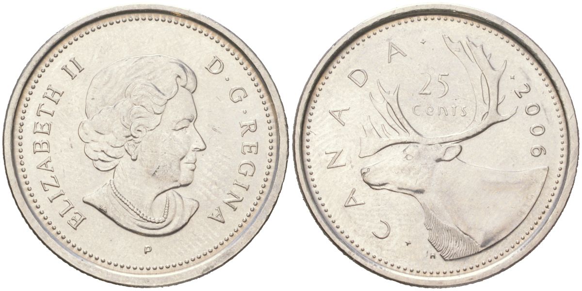 Канада 25 центов 2006 P, Елизавета II, олень KM 493 сталь плакированная никель aUNC 4143-356