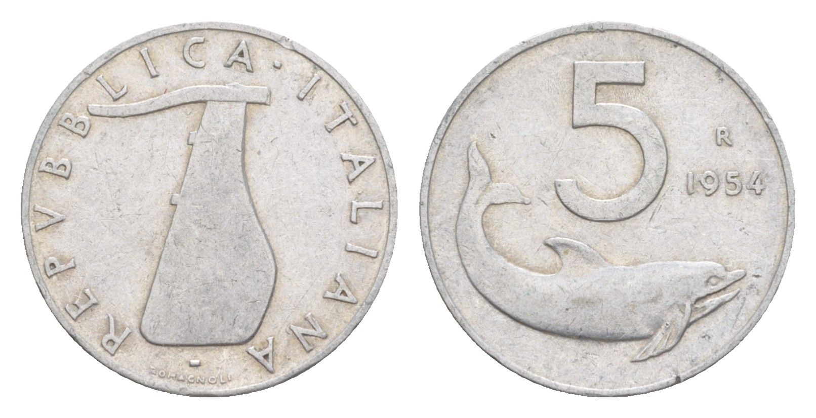 Италия 5 лир 1954 плуг, дельфин KM 92 алюминий 4643-356