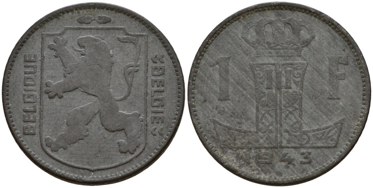 Бельгия 1 франк 1943 Belgique - Belgie, Леопольд III (1934-1947), германская оккупация, Вторая мировая война KM 127 цинк 4161-514