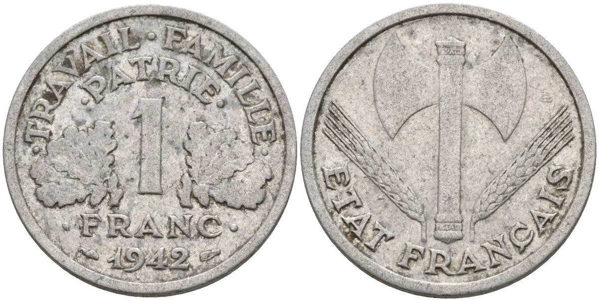 Франция 1 франк 1942 LB, тип Lourde, правительство Виши KM 902.1, Le Franc 222.2 алюминий 4142-911