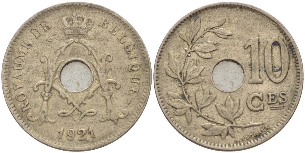 БЕЛЬГИЯ 10 САНТИМОВ 1921 BELGIQUE KM 85.1 медно-никель 4544-1214