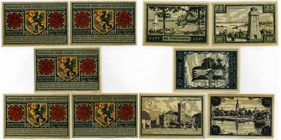 НОЙШТЕТТИН НАБОР ИЗ 5 БАНКНОТ, 25, 25, 50, 75, 75 ПФЕННИГОВ 1921 НОТГЕЛЬД, 15 НОЯБРЯ 1921 - 1 ОКТЯБРЯ 1922 (bis 1 ИЮЛЯ 1923) Grabowski 968.1 бумага 7547-88-4-3