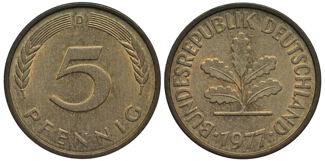 ФРГ 5 ПФЕННИГОВ 1977 D KM 107, Jager 382 сталь плакированная латунью 4547-756