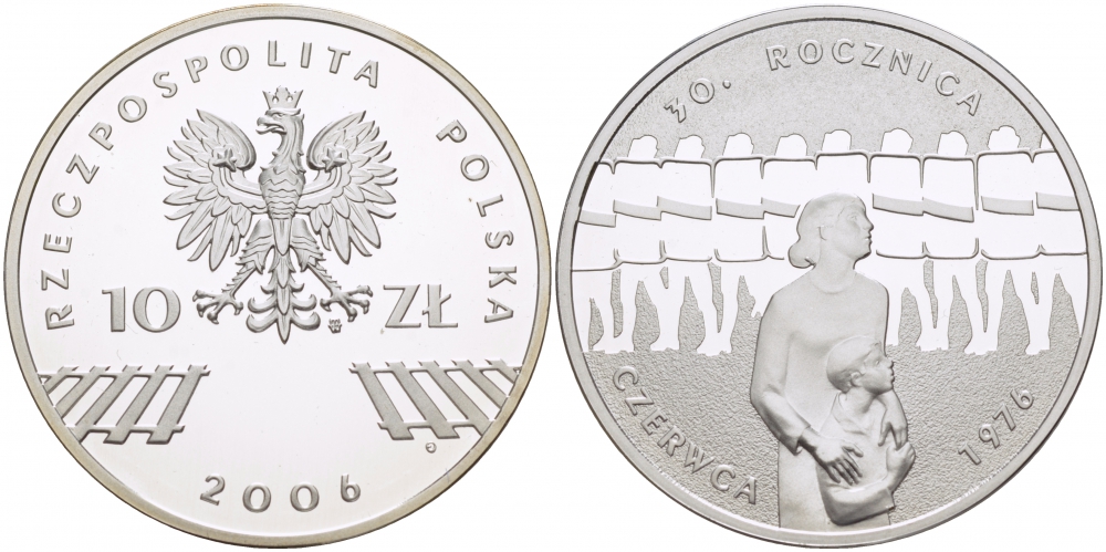 Польша 10 злотых 2006 MW, 30 лет акциям протеста в июне 1976 года KM 598 серебро PROOF 1087-4-43