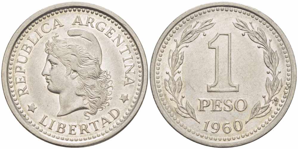Аргентина 1 песо 1960 голова свободы влево KM 57 сталь плакированная никелем 108-1212
