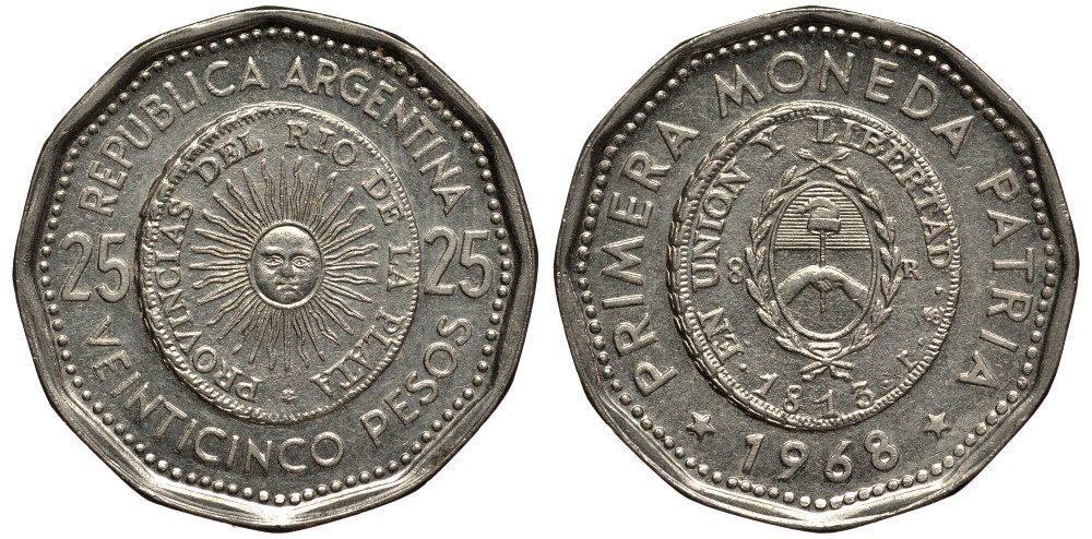 Аргентина 25 песо 1965 первая монета отчеканенная в Аргентине в 1813 году KM 61 сталь плакированная никелем 4185-535