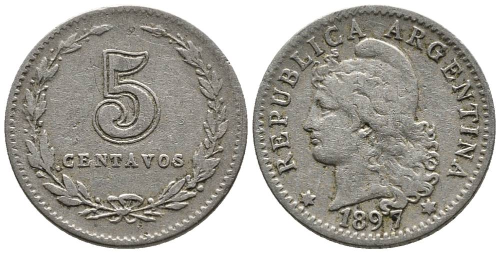 Аргентина 5 сентаво 1897 голова свободы влево KM 9 медно-никель 4528-221