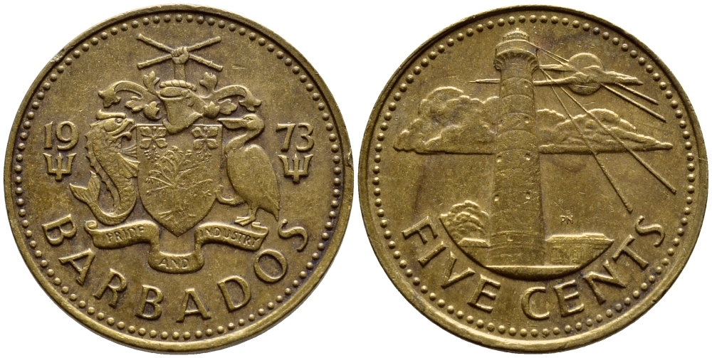 Барбадос 5 центов 1973 маяк Саут-Пойнт KM 11 латунь 4398-457