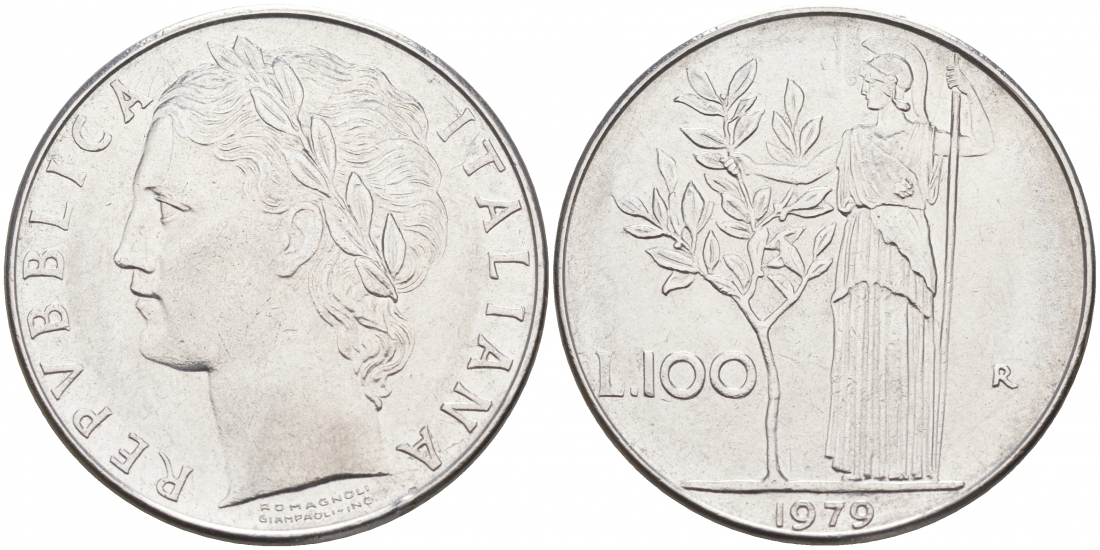 ИТАЛИЯ 100 ЛИР 1979 R, АФИНА KM 96.1 нержавеющая сталь 3855-824
