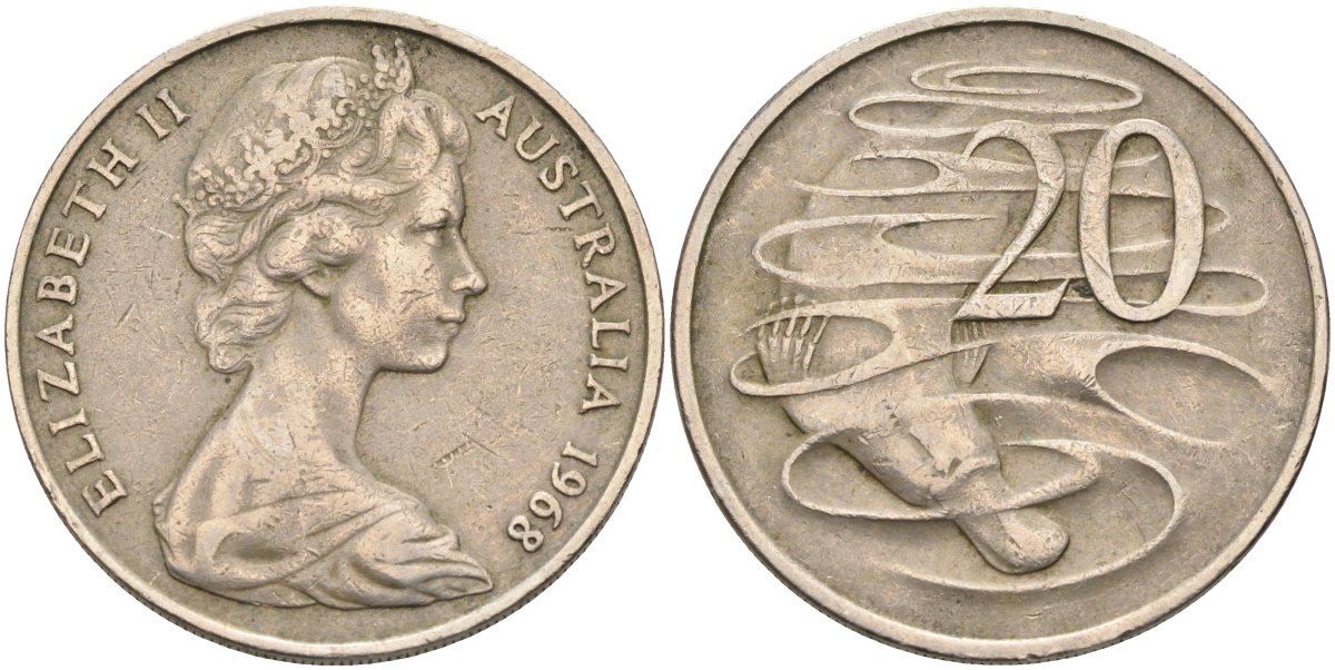 Австралия 20 центов 1968 Елизавета II (1952-2022), утконос KM 66 медно-никель 4131-843