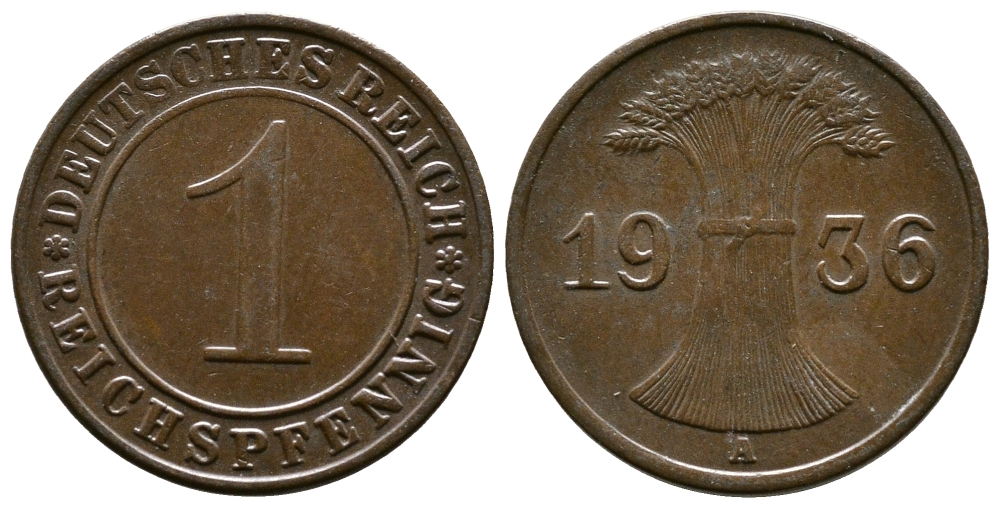 Германия 1 рейхспфенниг 1936 A KM 37, J. 313 бронза 220-139
