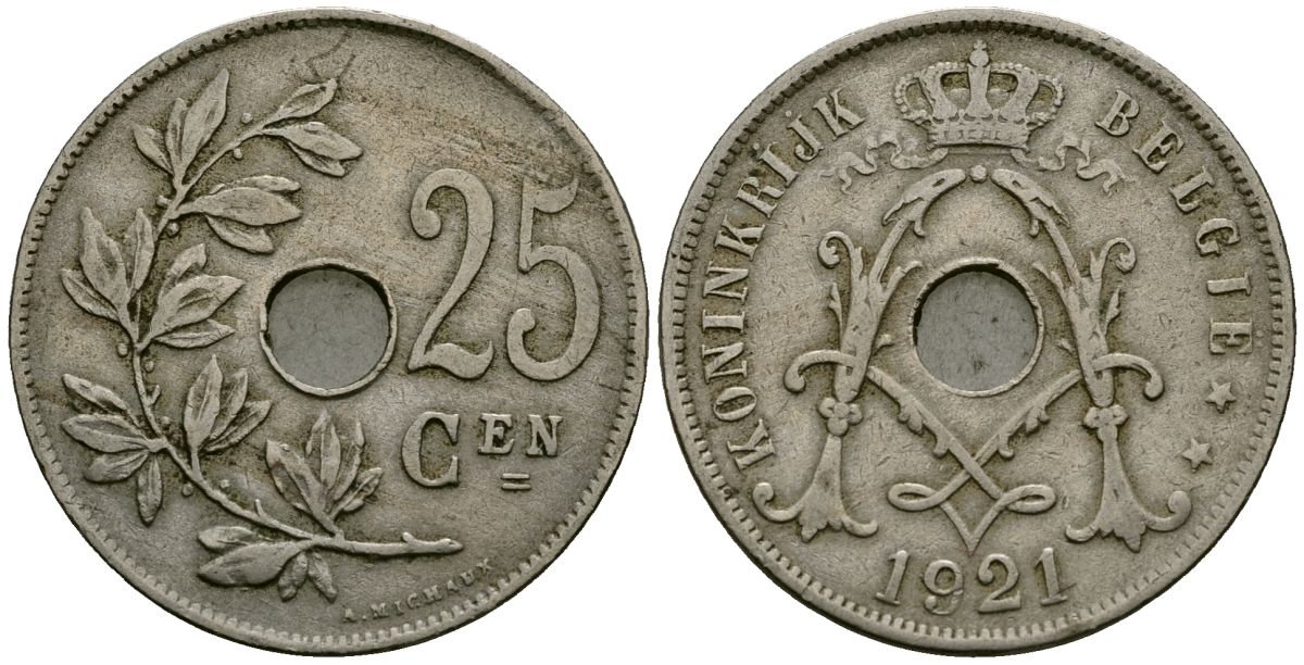 Бельгия 25 сантимов 1921 Belgie KM 69 медно-никель 4165-813