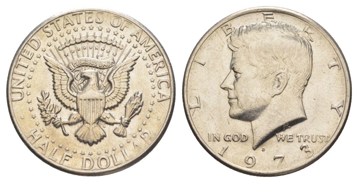 США 1/2 доллара (50 центов) 1973 D, Джон Кеннеди KM 202b медь плакированная медно-никелем aUNC 4517-1146
