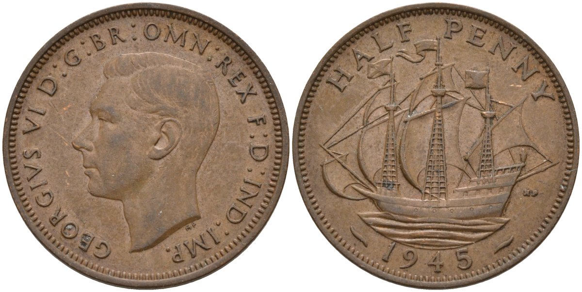 Великобритания 1/2 пенни 1945 Георг VI (1936-1952) KM 844, Spink 4115 бронза 4146-236