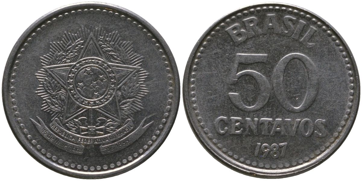 Бразилия 50 сентаво 1987 KM 604, Schon 113 нержавеющая сталь 4567-1037