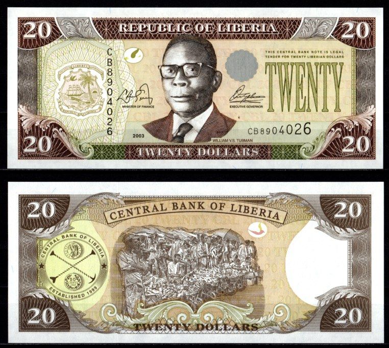 Либерия 20 долларов 2003 Pick 28 a 7214-63-1-2 бумага UNC (пресс) 7214-62-3-2