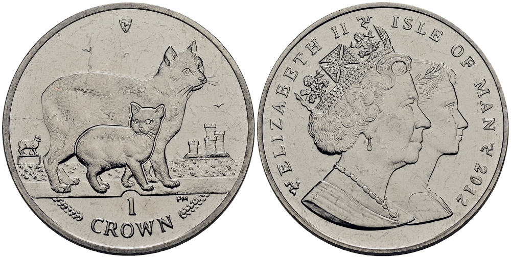 Остров Мэн 1 крона 2012 мэнская кошка с котенком KM 1538 медно-никель UNC 4125-125