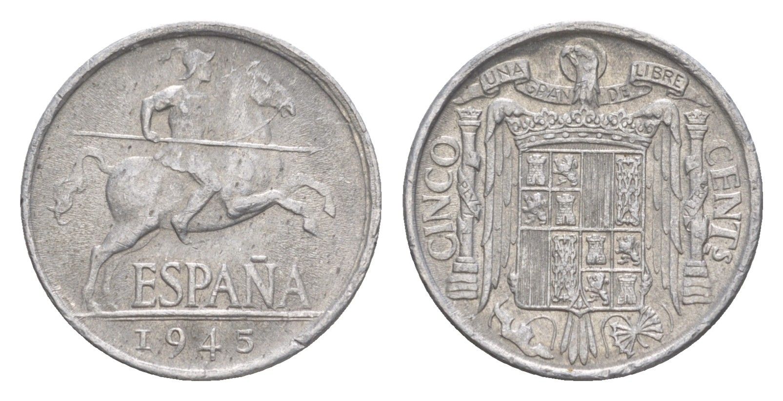 Испания 5 сентимо 1945 рыцарь на коне, Франсиско Франко (1939-1975) KM 765 алюминий 4623-632