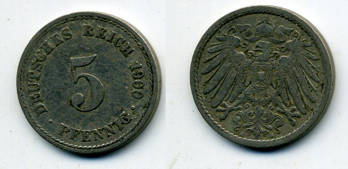 ГЕРМАНИЯ 5 ПФЕННИГОВ 1900 A, KM 11, J. 12 медно-никель 58-1147