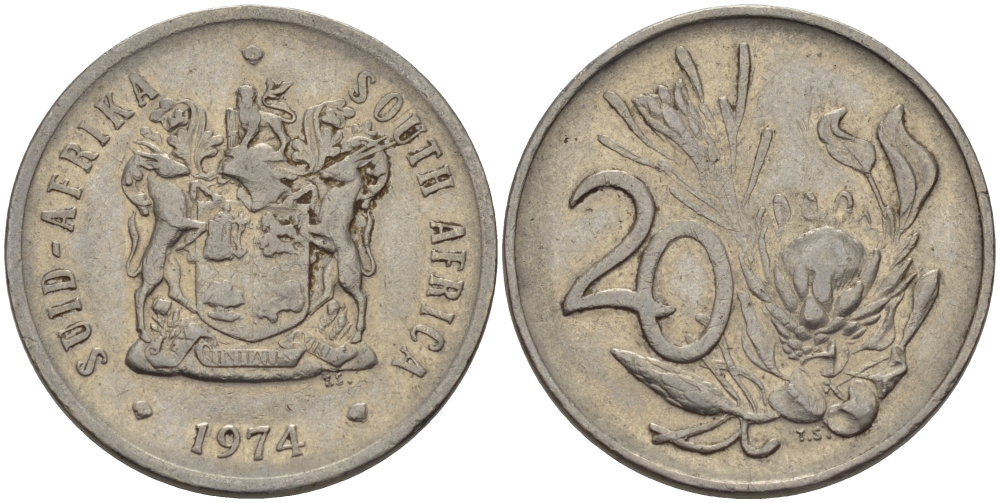 ЮАР 20 ЦЕНТОВ 1974 ГЕРБ, ЦВЕТОК ПРОТЕЯ KM 85 никель 67-447