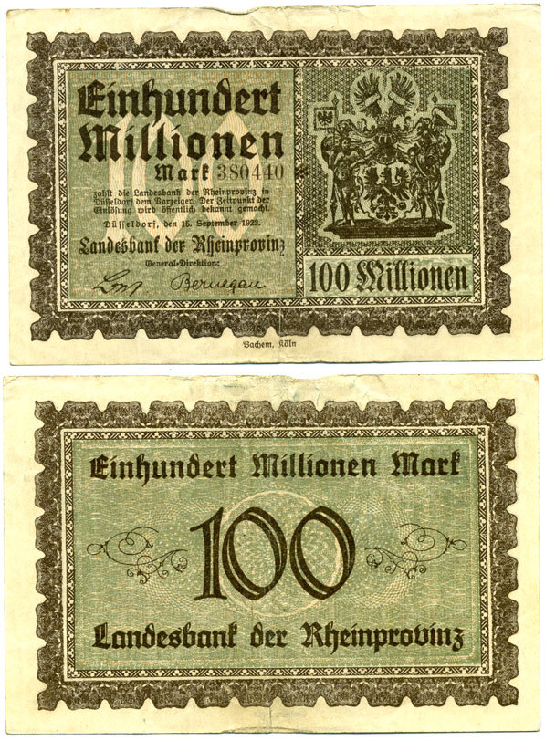РЕЙНСКИЕ ПРОВИНЦИИ 100000000 МАРОК 1923 НОТГЕЛЬД, 15 СЕНТЯБРЯ 1923 бумага 6294-27-3