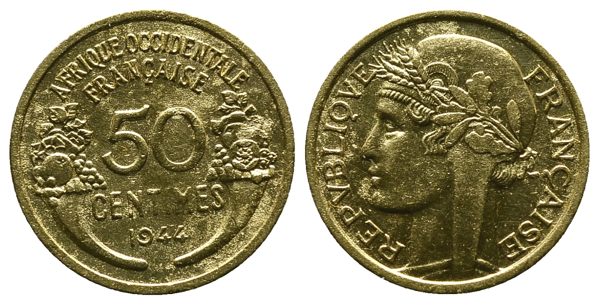 Французская Западная Африка 50 сантимов 1944 редкая KM 1, Lec 1 алюминиевая бронза aUNC 4381-943