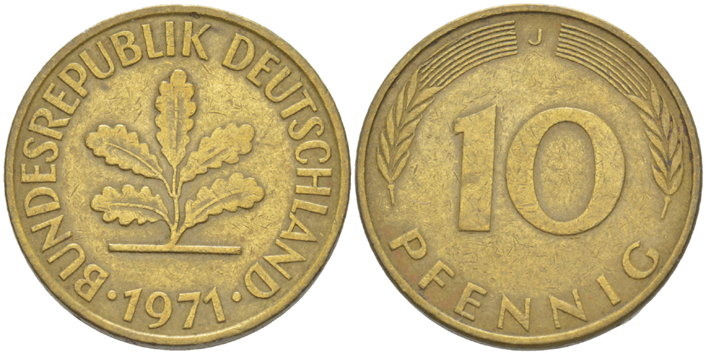 ФРГ 10 ПФЕННИГОВ 1971 J KM 108, J. 383 сталь плакированная латунью 4182-824