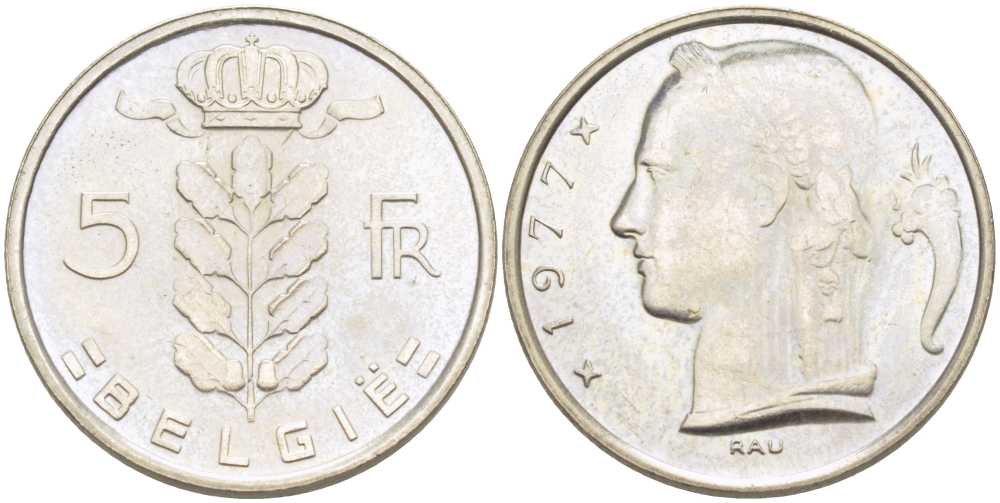 БЕЛЬГИЯ 5 ФРАНКОВ 1977 BELGIE, БОДУЭН I (1951-1993) KM 135.1 медно-никель 4364-1142