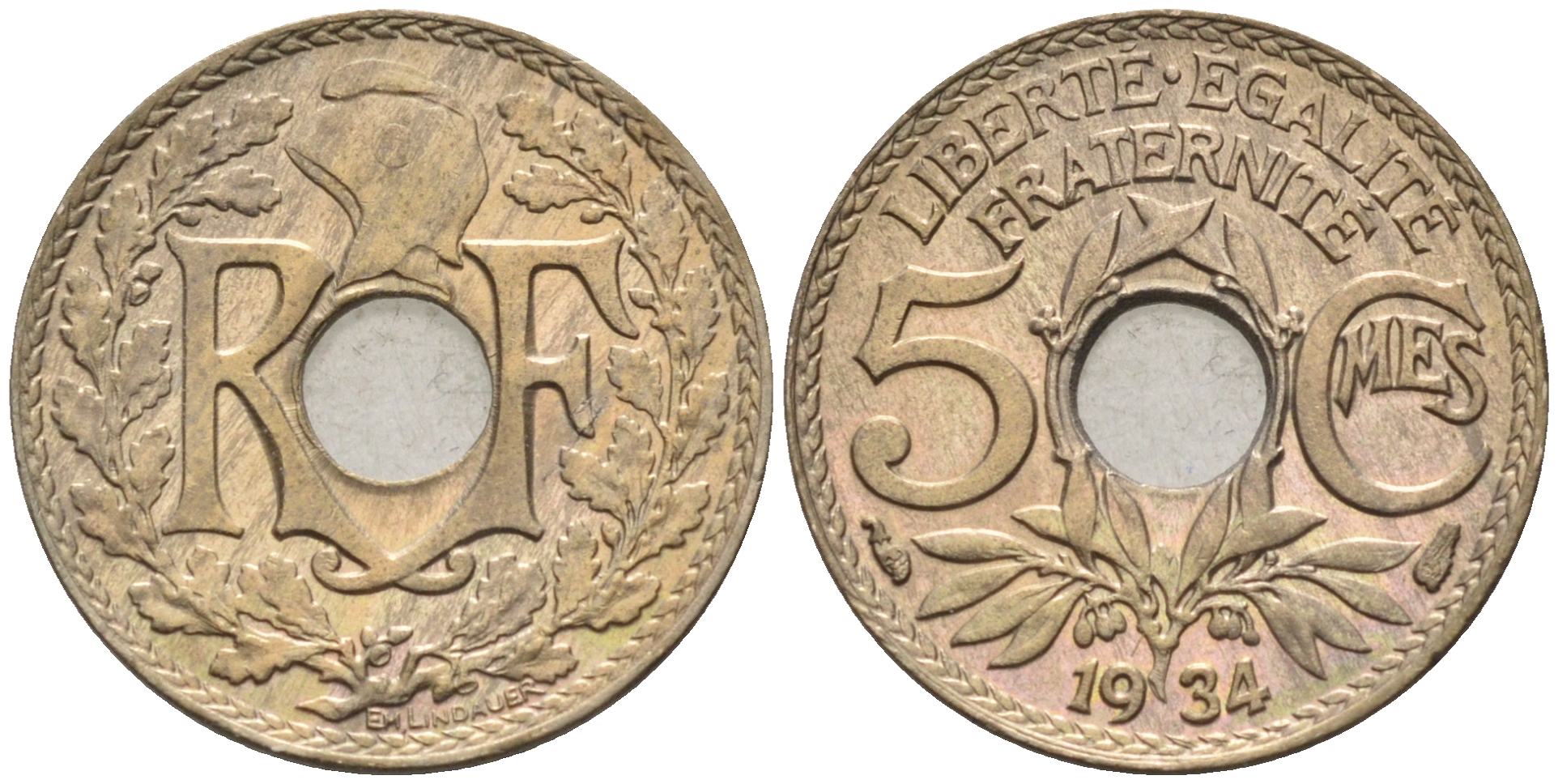 Франция 5 сантимов 1934 тип Линдайё KM 875 медно-никель    4594-1147