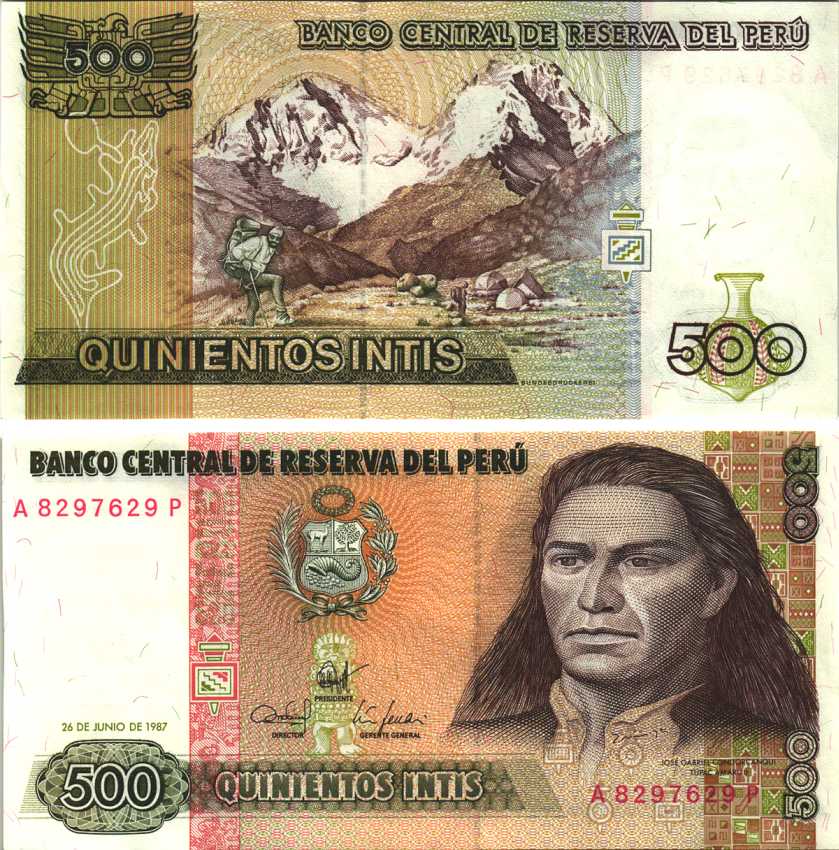 Перу 500 инти 1987 Хосе Габриель, Тупак Амару II, южноамериканский революционер, организатор восстания коренных народов против испанских колониальных властей в перу, альпинисты на восхождении Pick 134b бумага UNC (пресс) 447-41-2