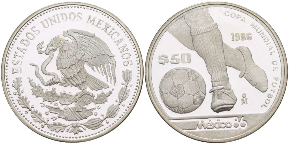 Мексика 50 песо 1986 чемпионат мира по футболу в Мексике 1986 года, ноги с мячом KM 498а серебро PROOF 00-00