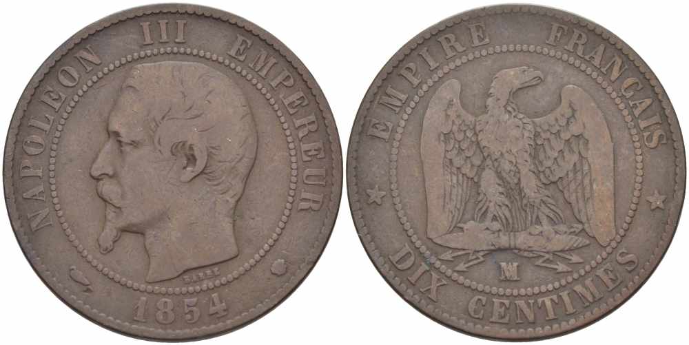 ФРАНЦИЯ 10 САНТИМОВ 1854 MA, НАПОЛЕОН III (1852-1870) KM 771.6, LE FRANC 133.16 бронза 38-934