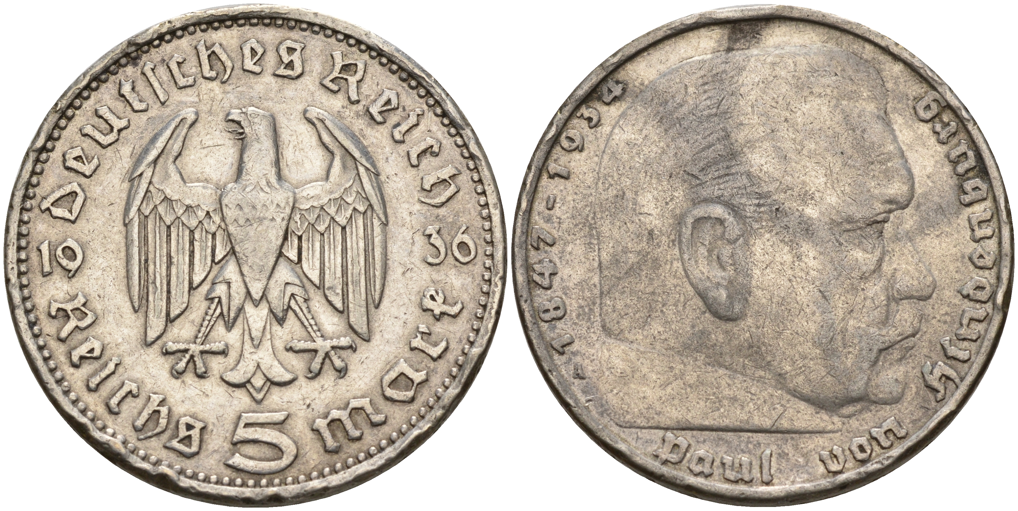 Германия 5 рейхсмарок 1936 А, Пауль фон Гинденбург (1847-1934) KM 86, J. 360 серебро    4149-513